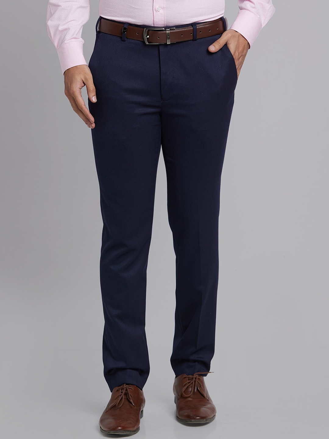 

Park Avenue Men Self Design Mid-Rise Super Slim Fit Formal Trousers, Blue