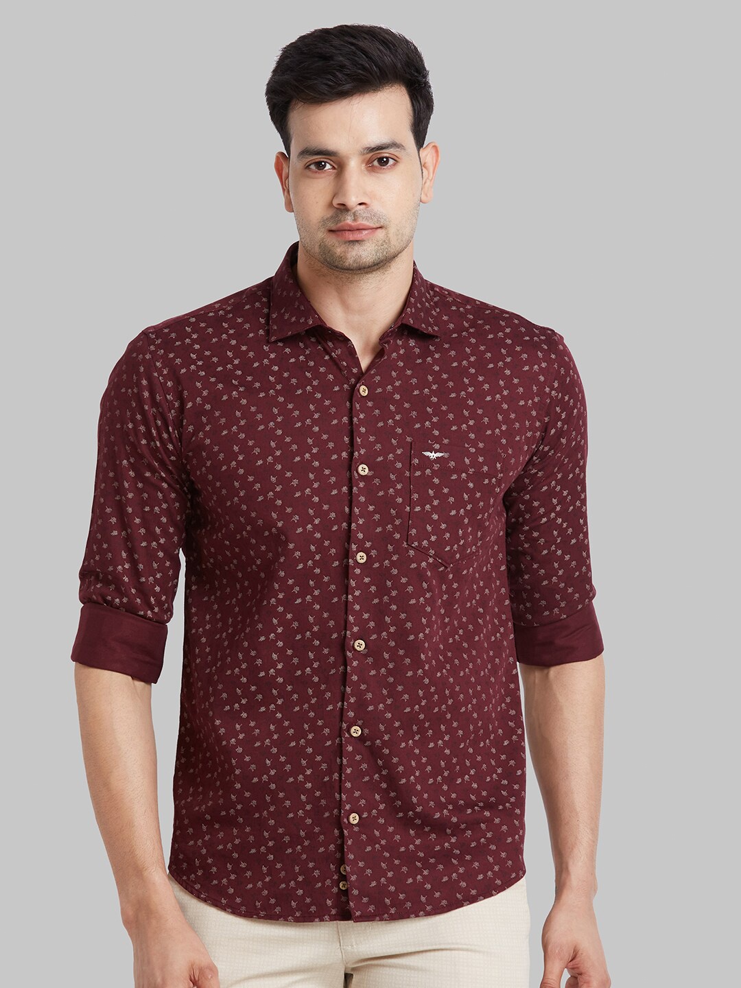 

Park Avenue Slim Fit Floral Printed Cutaway Collar Pure Cotton Casual Shirt, Maroon