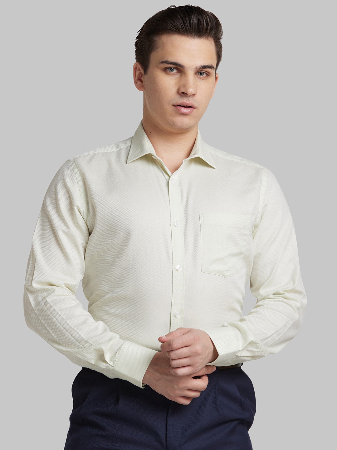 

Park Avenue Self Design Spread Collar Cotton Formal Shirt, Green