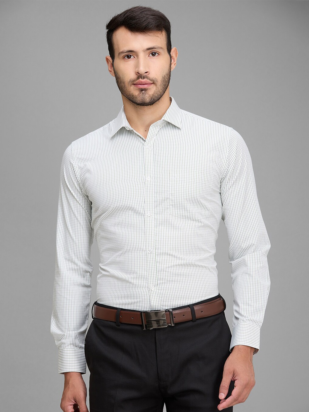 

Park Avenue Checked Slim Fit Cotton Opaque Formal Shirt, Green