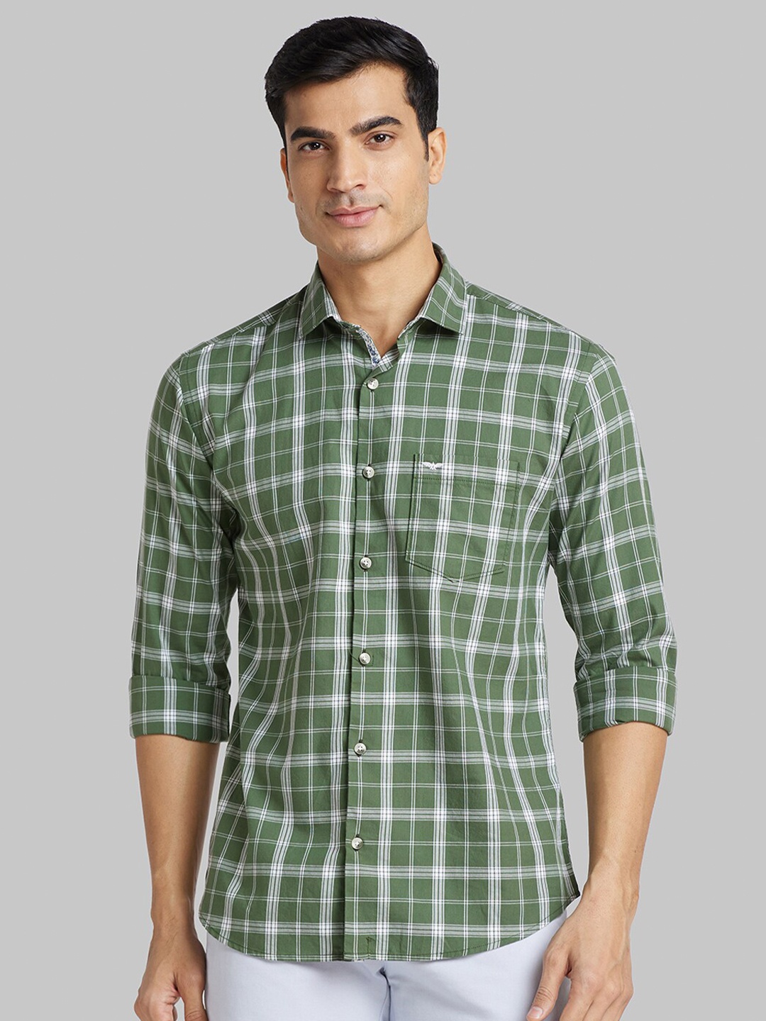 

Park Avenue Spread Collar Slim Fit Tartan Checks Cotton Opaque Casual Shirt, Green