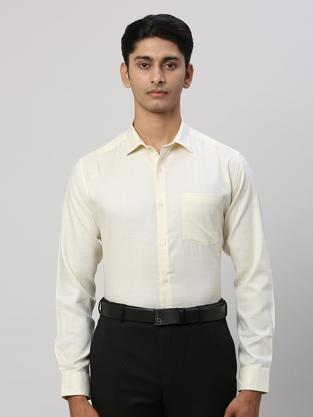 

Park Avenue Spread Collar Long Sleeves Regular Fit Cotton Checked Formal Shirt, Yellow