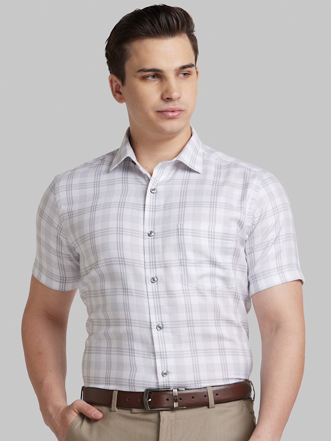 

Park Avenue Checked Spread Collar Cotton Formal Shirt, Grey