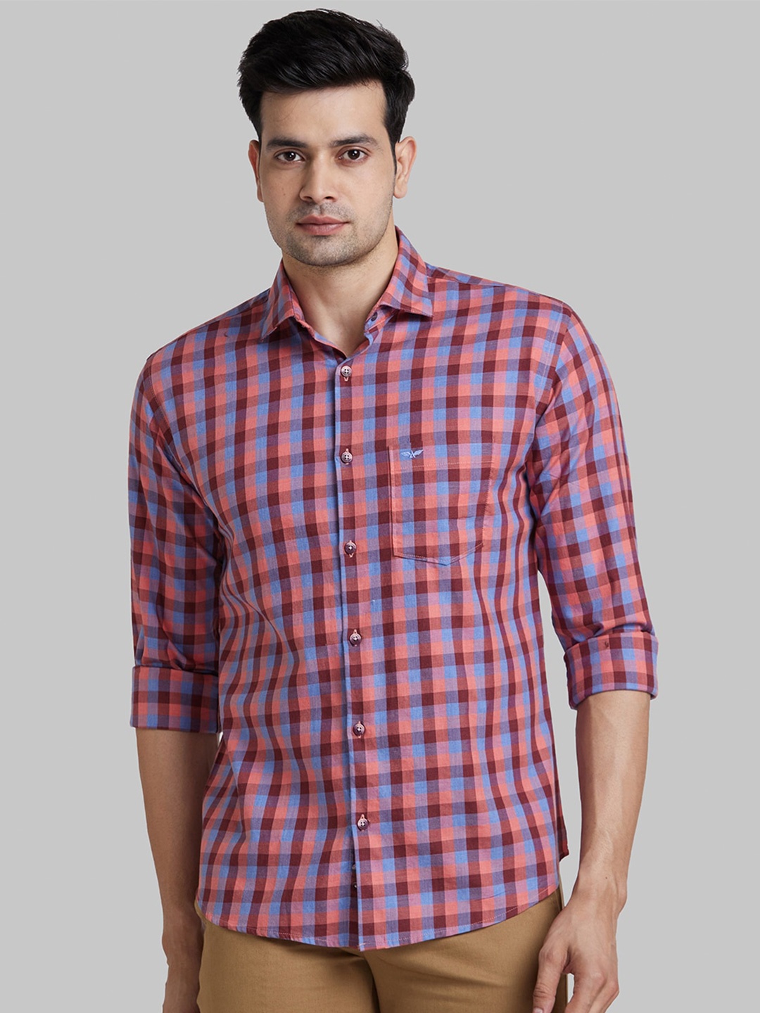 

Park Avenue Spread Collar Slim Fit Opaque Checked Casual Shirt, Red