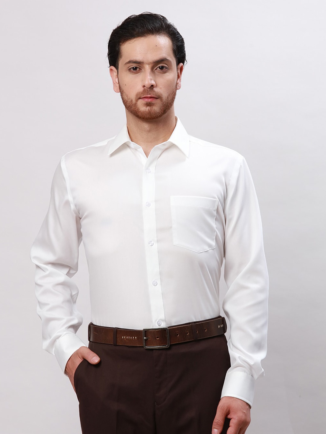 

Park Avenue Self Design Spread Collar Cotton Formal Shirt, Beige