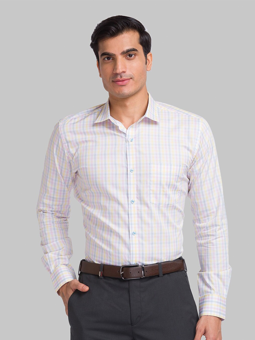 

Park Avenue Spread Collar Long Sleeves Slim Fit Checked Cotton Formal Shirt, Red