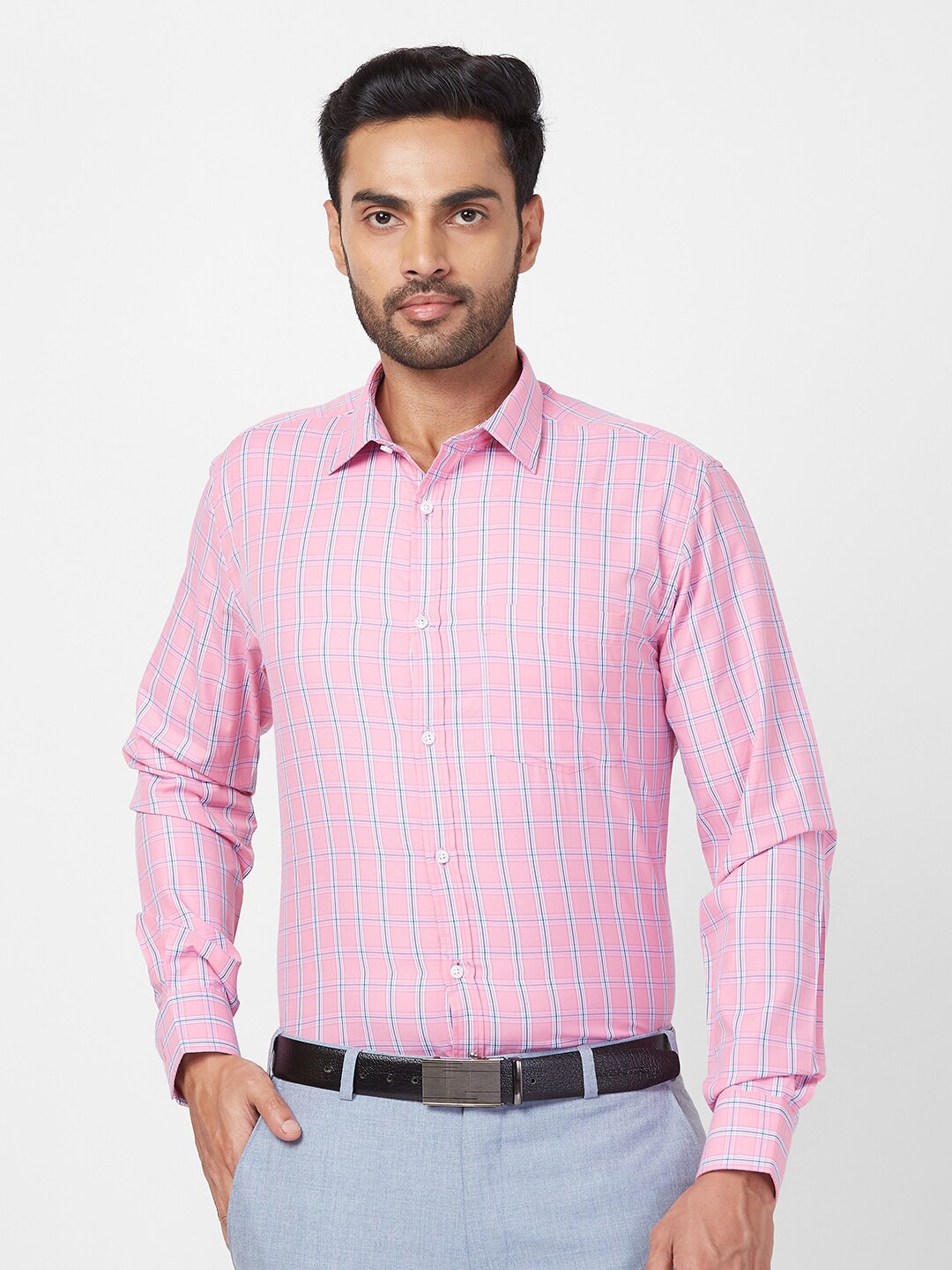 

Park Avenue Checked Slim Fit Spread Collar Formal Shirt, Pink