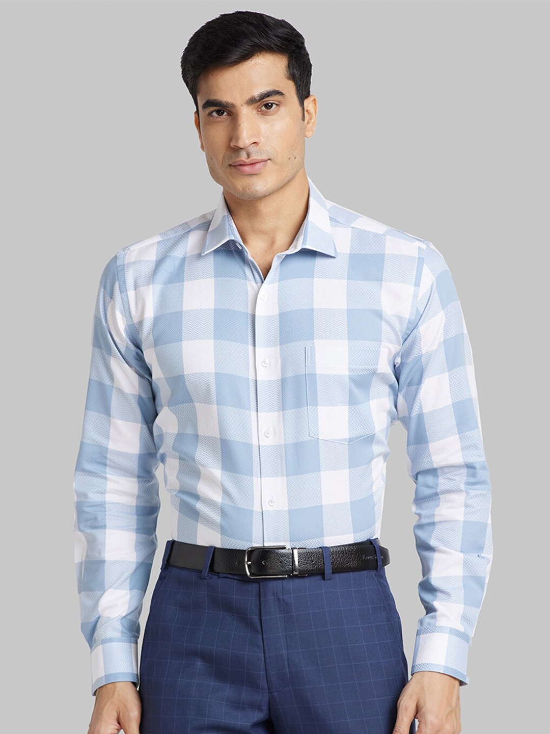 

Park Avenue Gingham Checked Slim Fit Cotton Opaque Formal Shirt, Blue