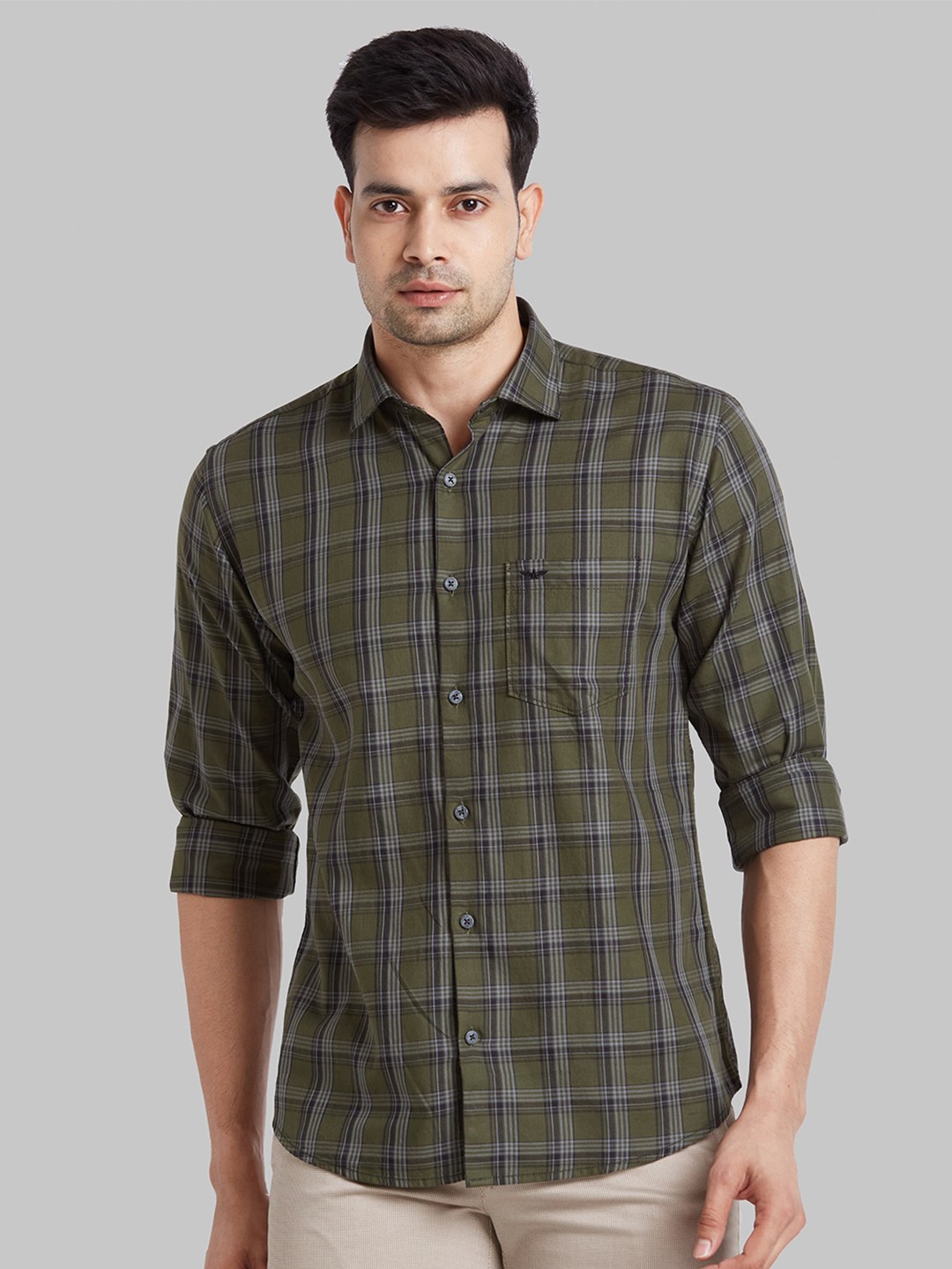 

Park Avenue Spread Collar Long Sleeves Slim Fit Checked Cotton Casual Shirt, Green