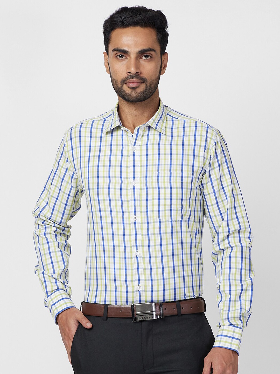 

Park Avenue Slim Fit Opaque Checked Formal Shirt, Green