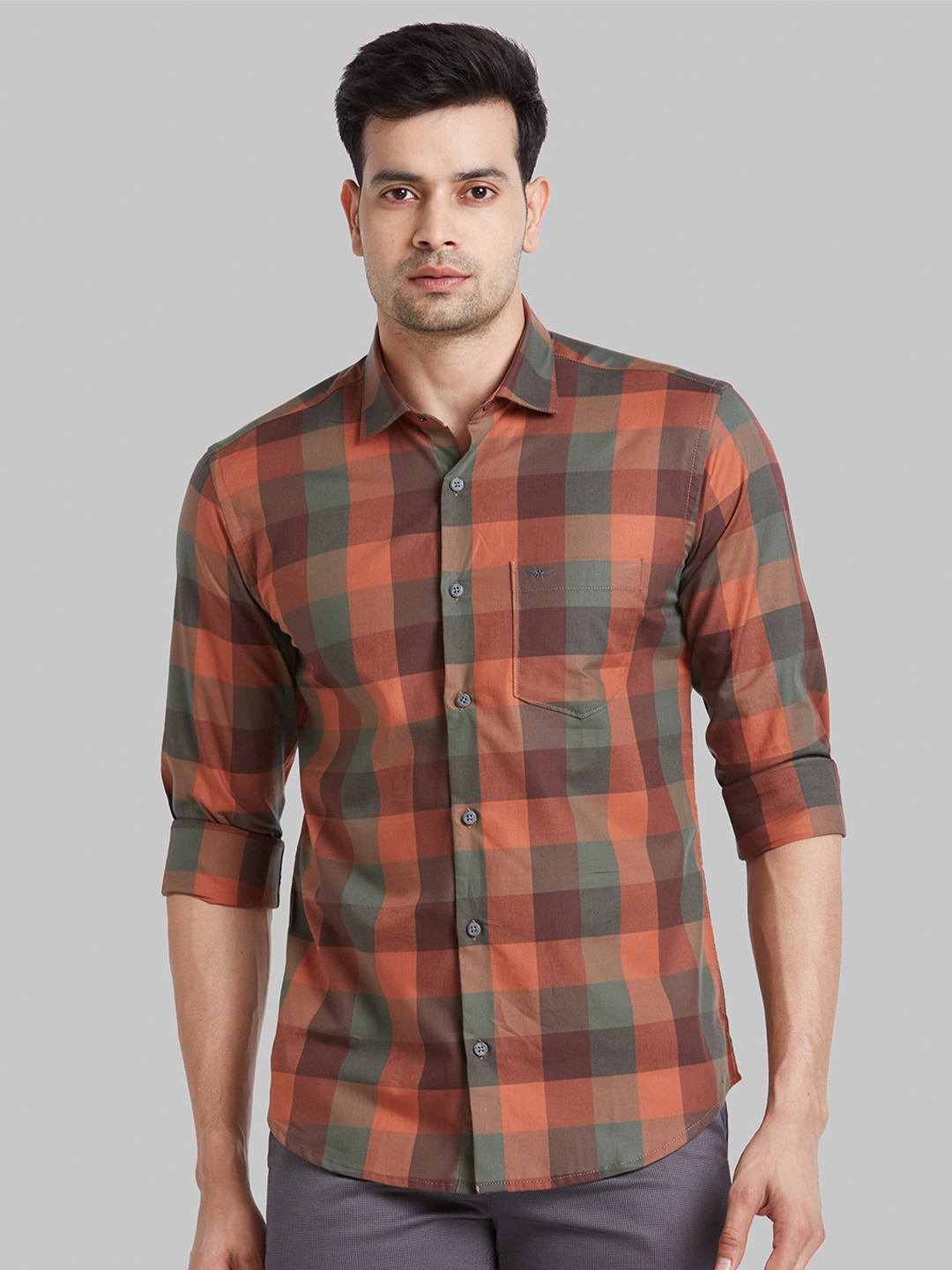 

Park Avenue Slim Fit Checked Cutaway Collar Cotton Casual Shirt, Orange