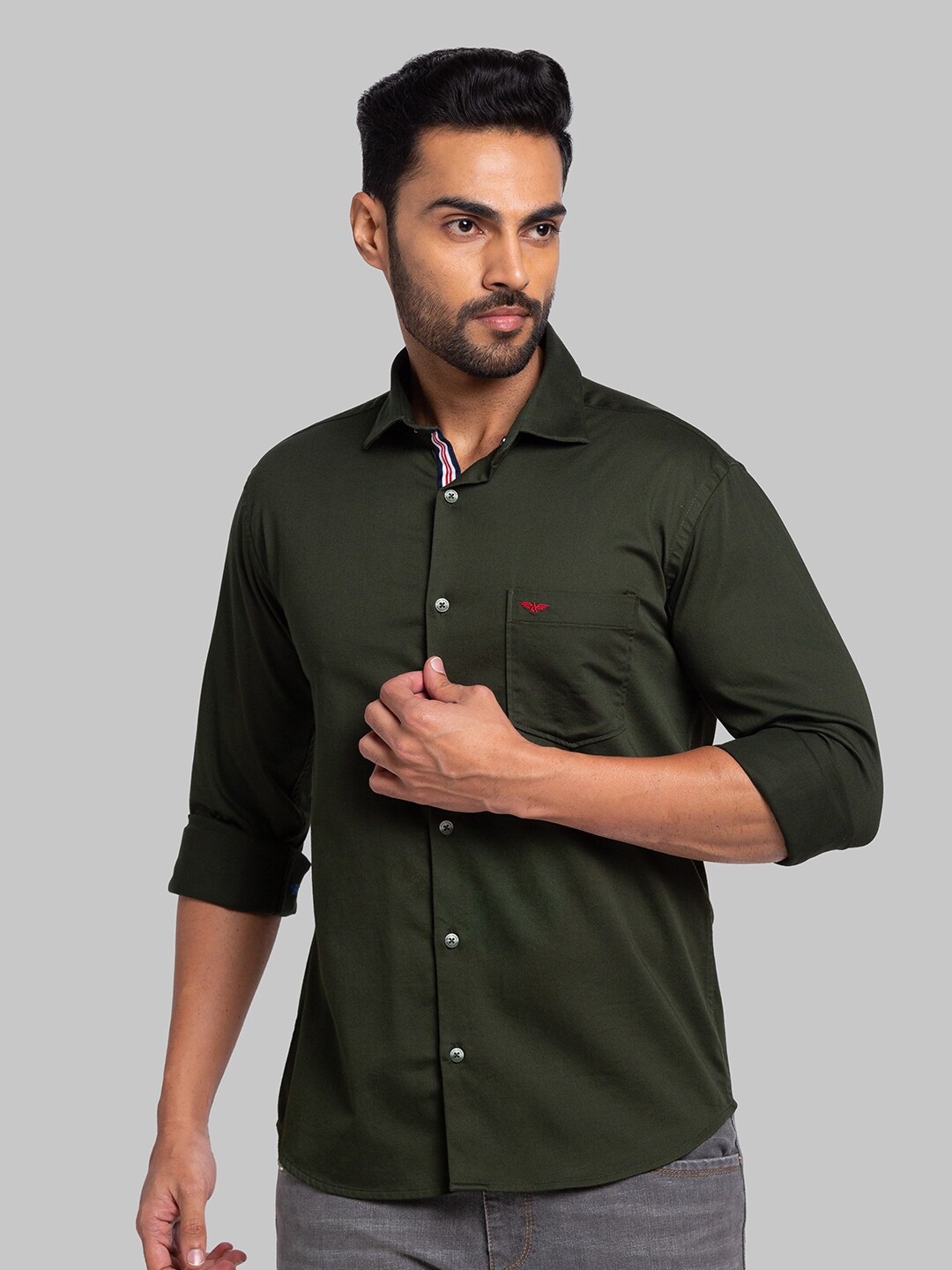 

Park Avenue Spread Collar Slim Fit Cotton Casual Shirt, Green