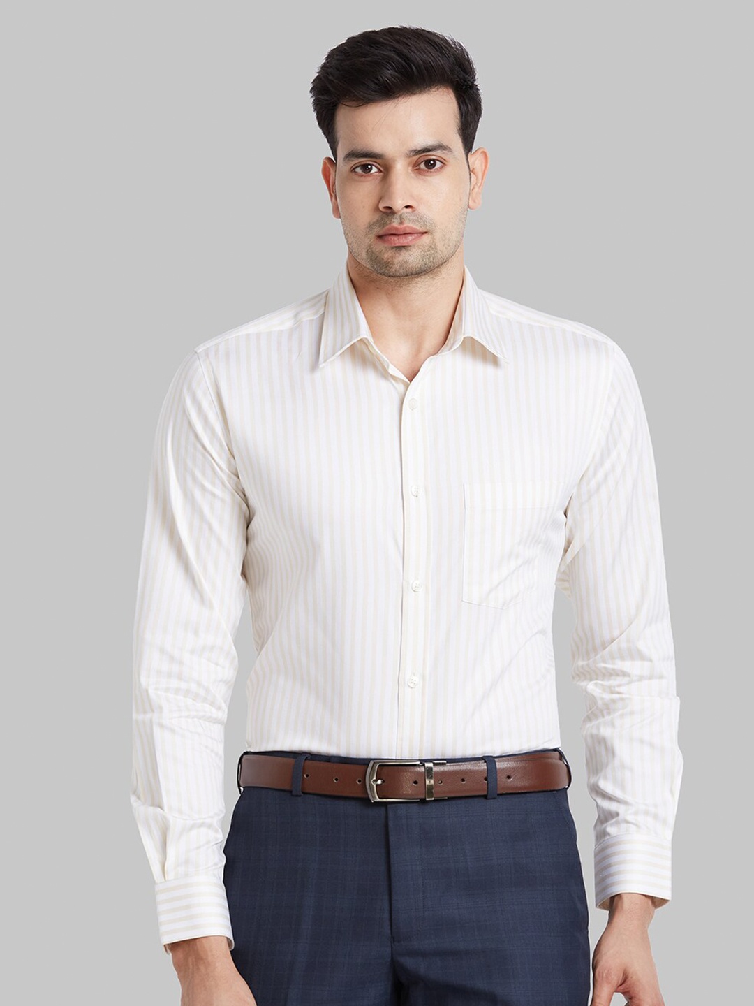 

Park Avenue Spread Collar Opaque Cotton Striped Formal Shirt, Beige