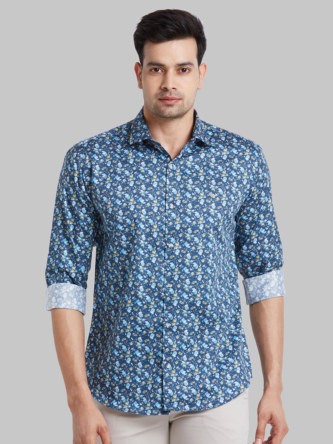 

Park Avenue Spread Collar Slim Fit Cotton Floral Printed Casual Shirt, Blue