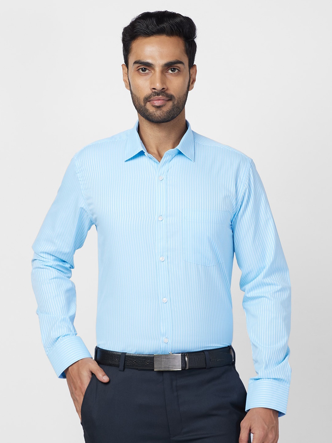 

Park Avenue Spread Collar Long Sleeves Slim Fit Striped Formal Shirt, Blue