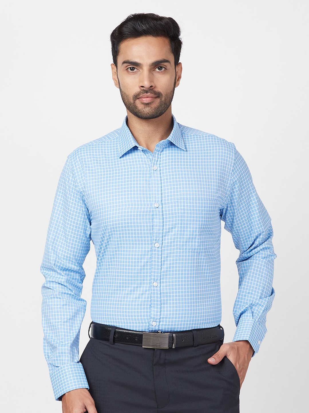 

Park Avenue Slim Fit Grid Tattersall Checks Opaque Checked Formal Shirt, Blue