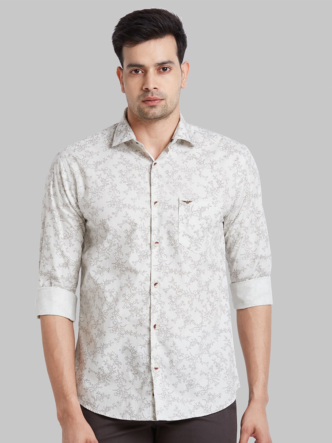 

Park Avenue Spread Collar Slim Fit Floral Printed Cotton Casual Shirt, Beige