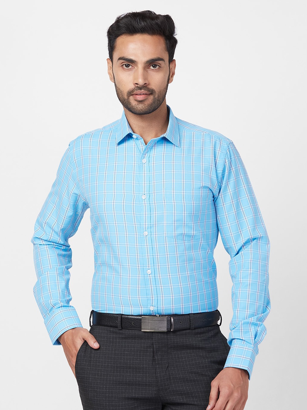 

Park Avenue Spread Collar Long Sleeves Slim Fit Checked Formal Shirt, Blue