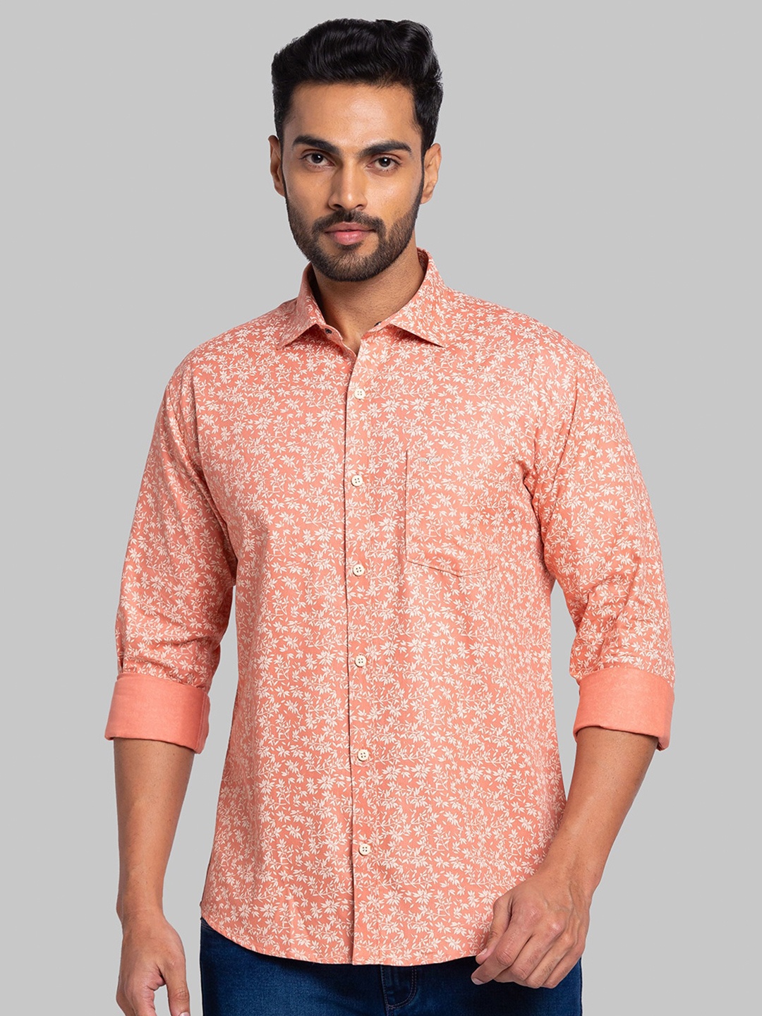 

Park Avenue Spread Collar Slim Fit Floral Opaque Printed Casual Shirt, Orange