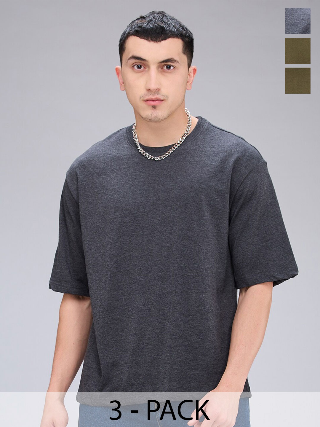 

NOIRA Pack Of 3 Round Neck Short Sleeves Cotton Casual T-Shirt, Olive