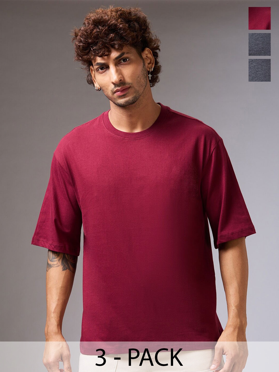 

NOIRA Pack Of 3 Round Neck Short Sleeves Cotton Casual T-Shirt, Maroon