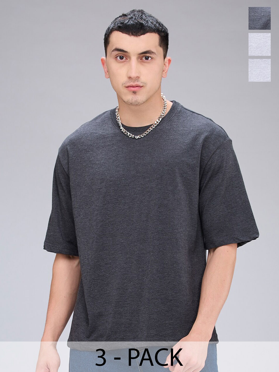 

NOIRA Pack Of 3 Round Neck Short Sleeves Cotton Casual T-Shirt, Grey