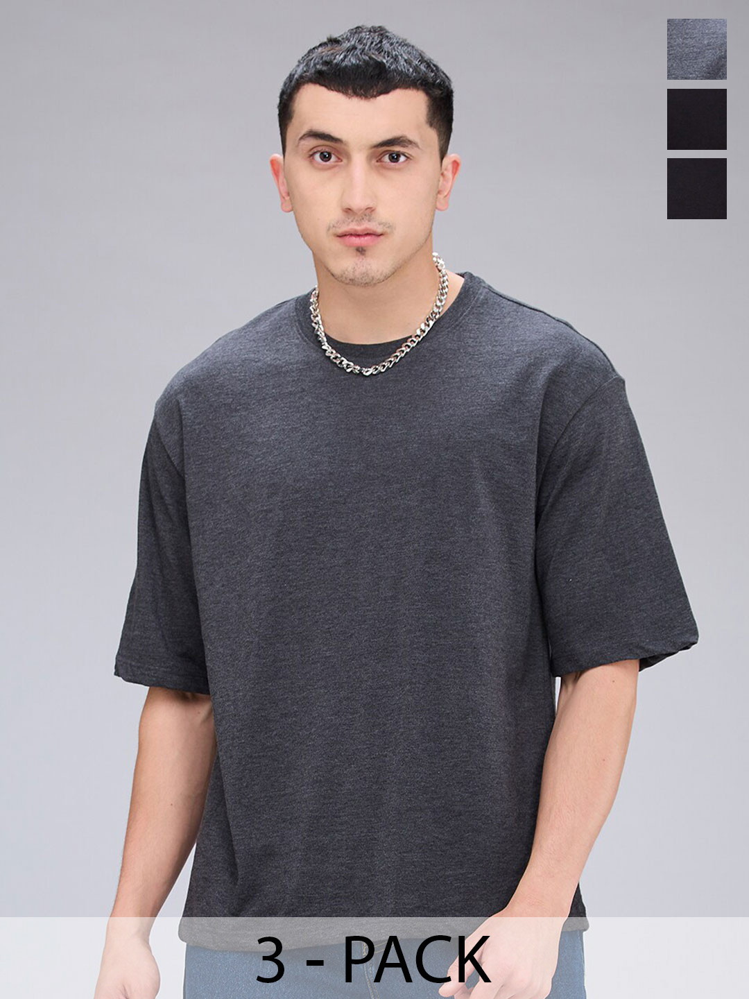 

NOIRA Pack Of 3 Round Neck Short Sleeves Cotton Casual T-Shirt, Black
