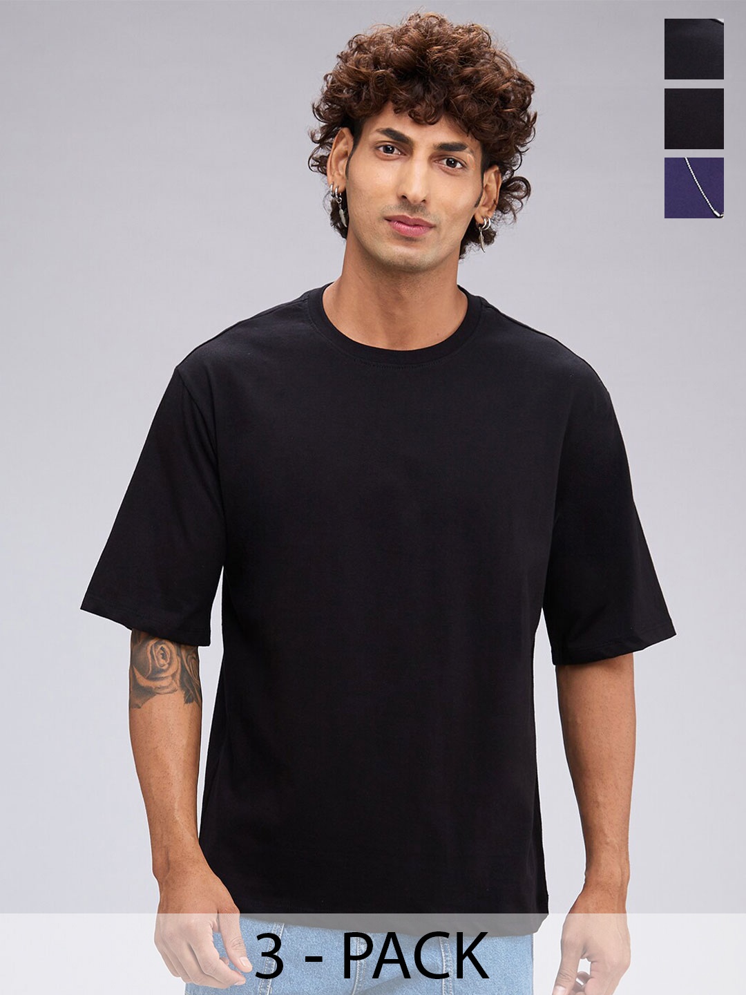 

NOIRA Pack Of 3 Round Neck Short Sleeves Cotton Casual T-Shirt, Black