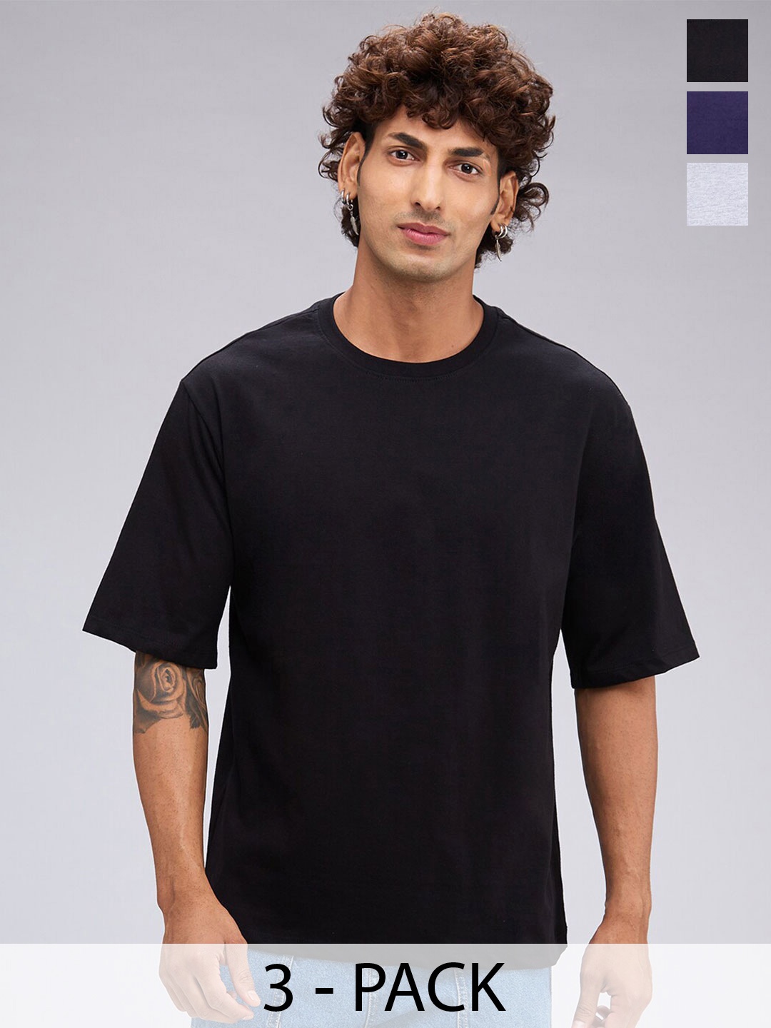 

NOIRA Pack of 3 Round Neck Drop-Shoulder Sleeves Cotton Casual T-shirt, Grey