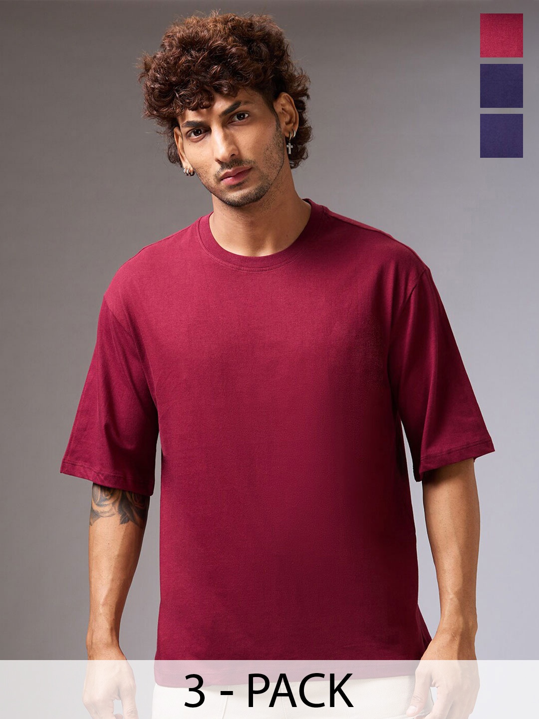 

NOIRA Pack of 3 Round Neck Drop-Shoulder Sleeves Cotton Casual T-shirt, Maroon