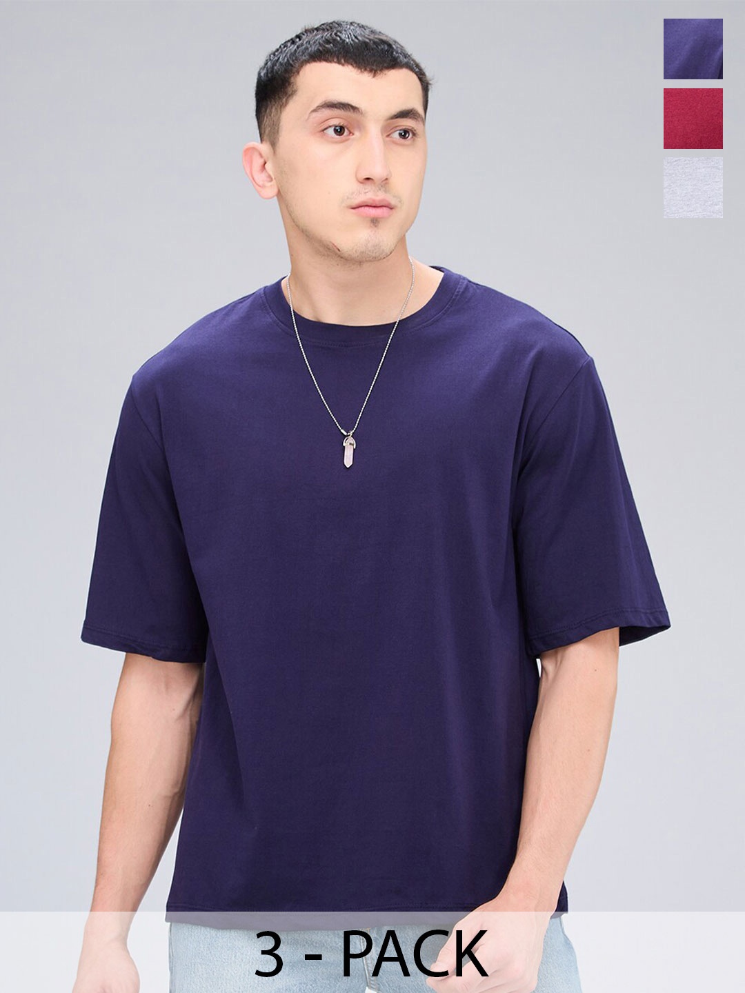 

NOIRA Pack of 3 Round Neck Drop-Shoulder Sleeves Cotton Casual T-shirt, Grey