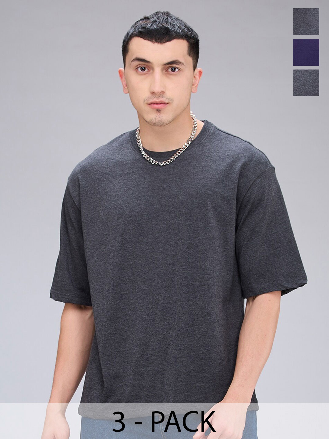 

NOIRA Pack of 3 Round Neck Drop-Shoulder Sleeves Cotton Casual T-shirt, Navy blue
