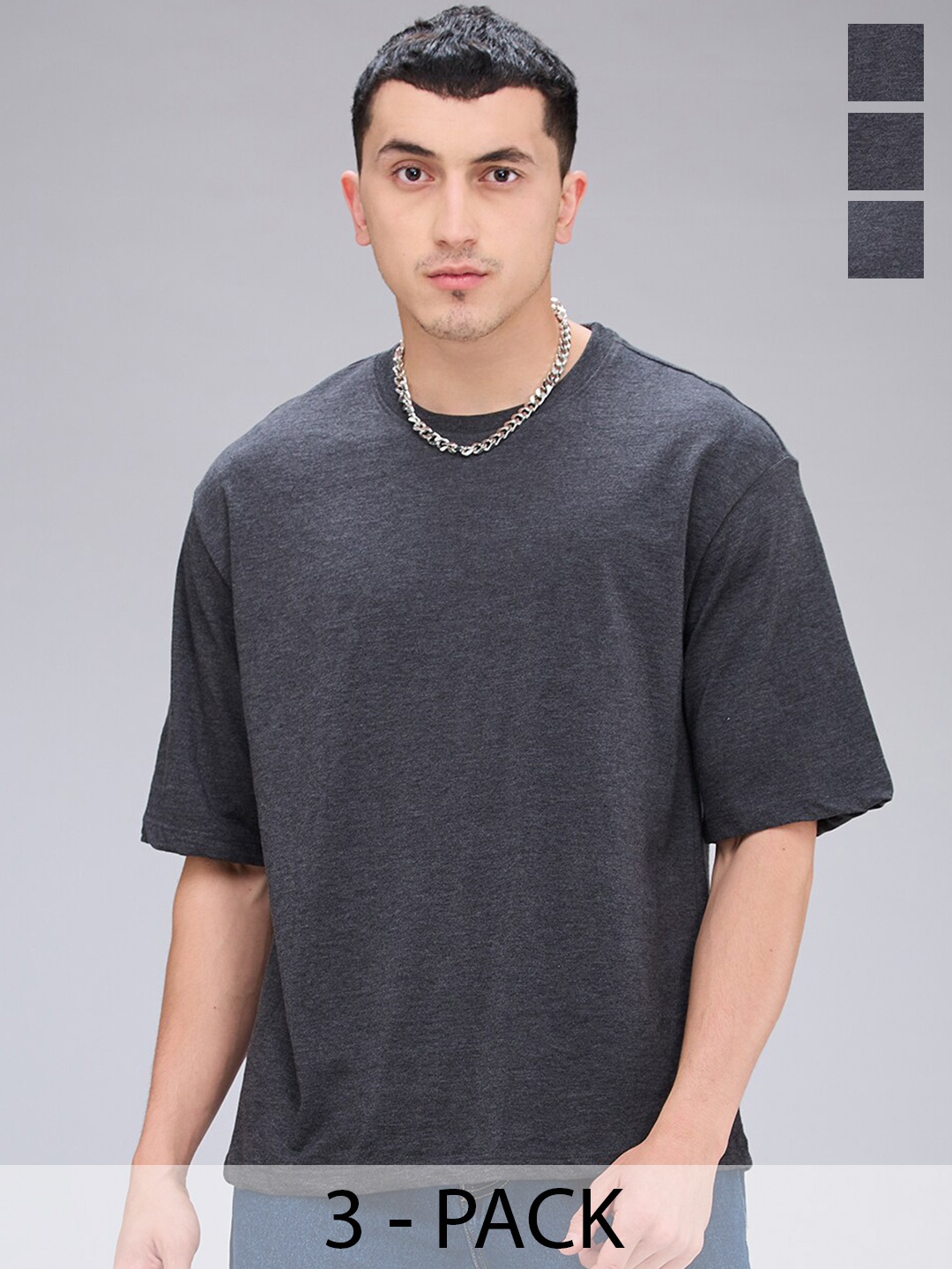 

NOIRA Pack Of 3 Round Neck Short Sleeves Cotton Casual T-Shirt, Charcoal