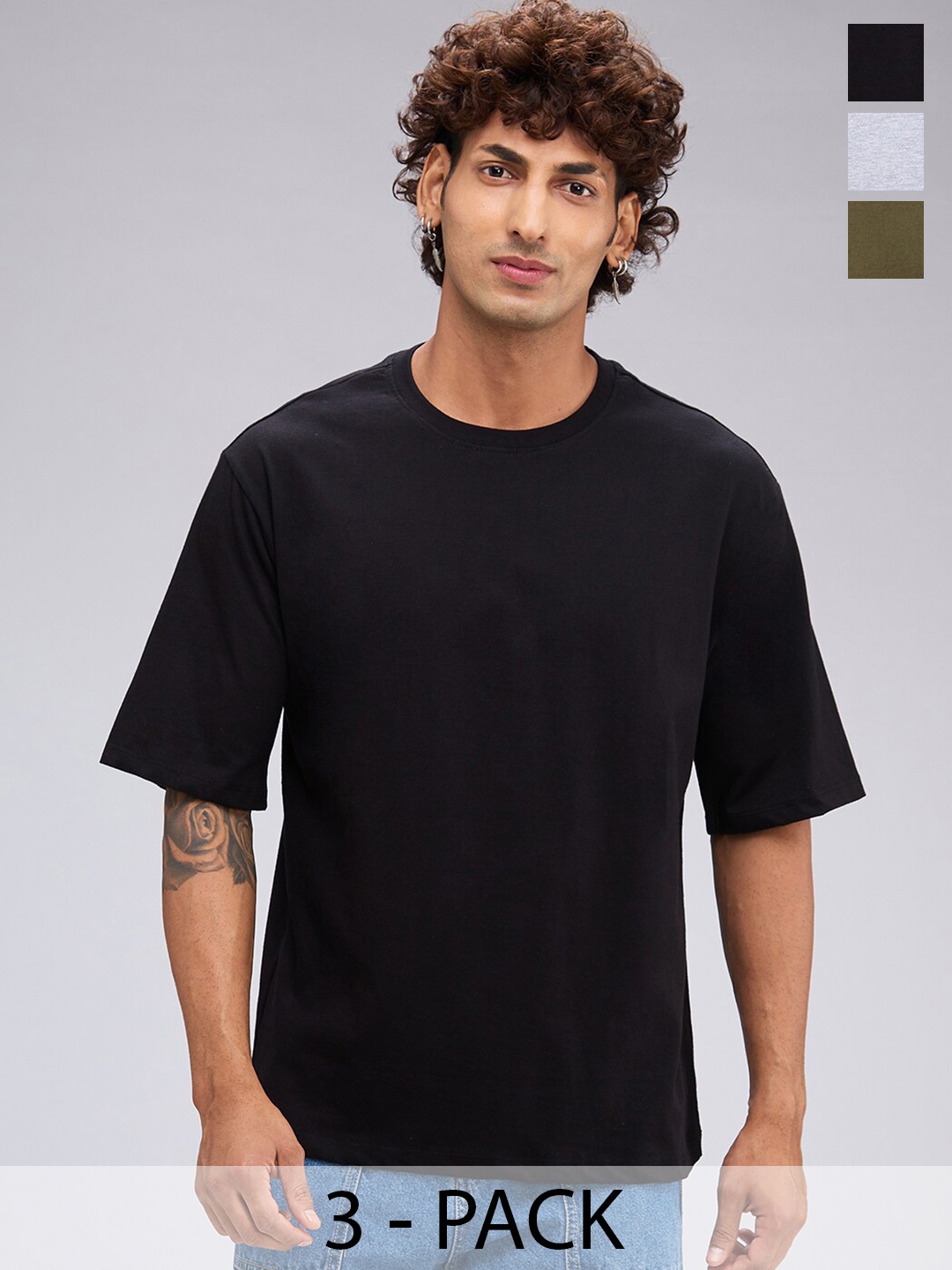 

NOIRA Pack of 3 Round Neck Drop-Shoulder Sleeves Cotton Oversized T-shirt, Grey