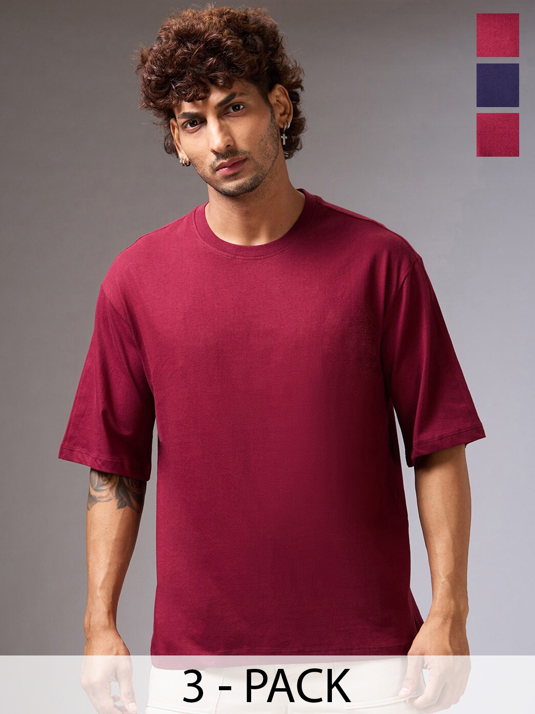 

NOIRA Pack of 3 Regular Fit Three-Quarter Sleeves Round Neck Cotton T-shirt, Maroon
