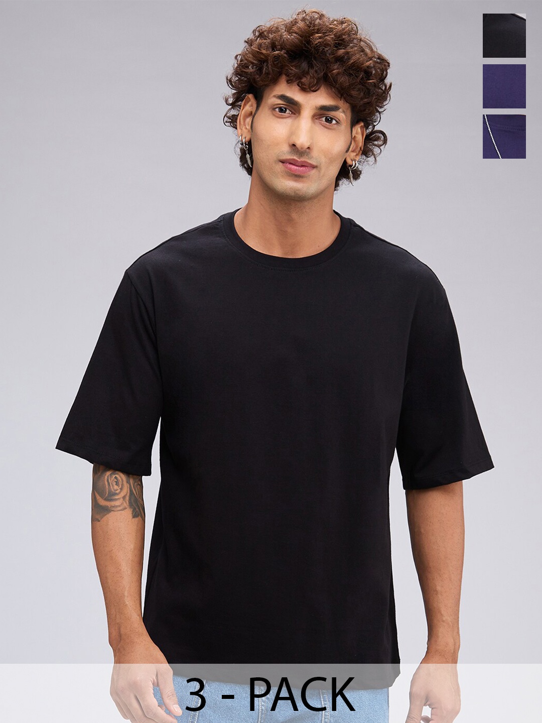 

NOIRA Pack Of 3 Round Neck Short Sleeves Cotton Casual T-shirt, Black