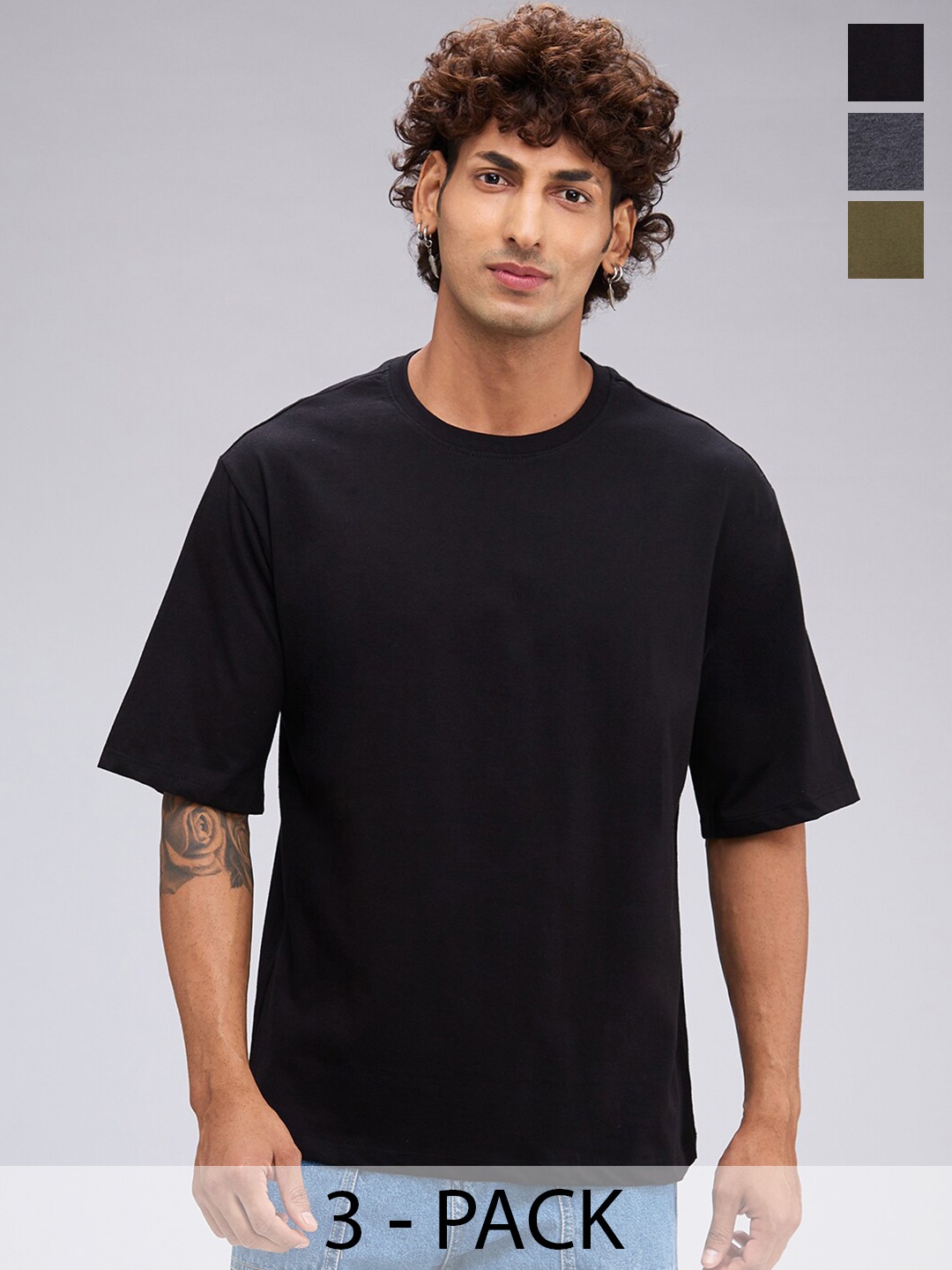 

NOIRA Pack of 3 Round Neck Drop-Shoulder Sleeves Cotton Oversized T-shirt, Olive