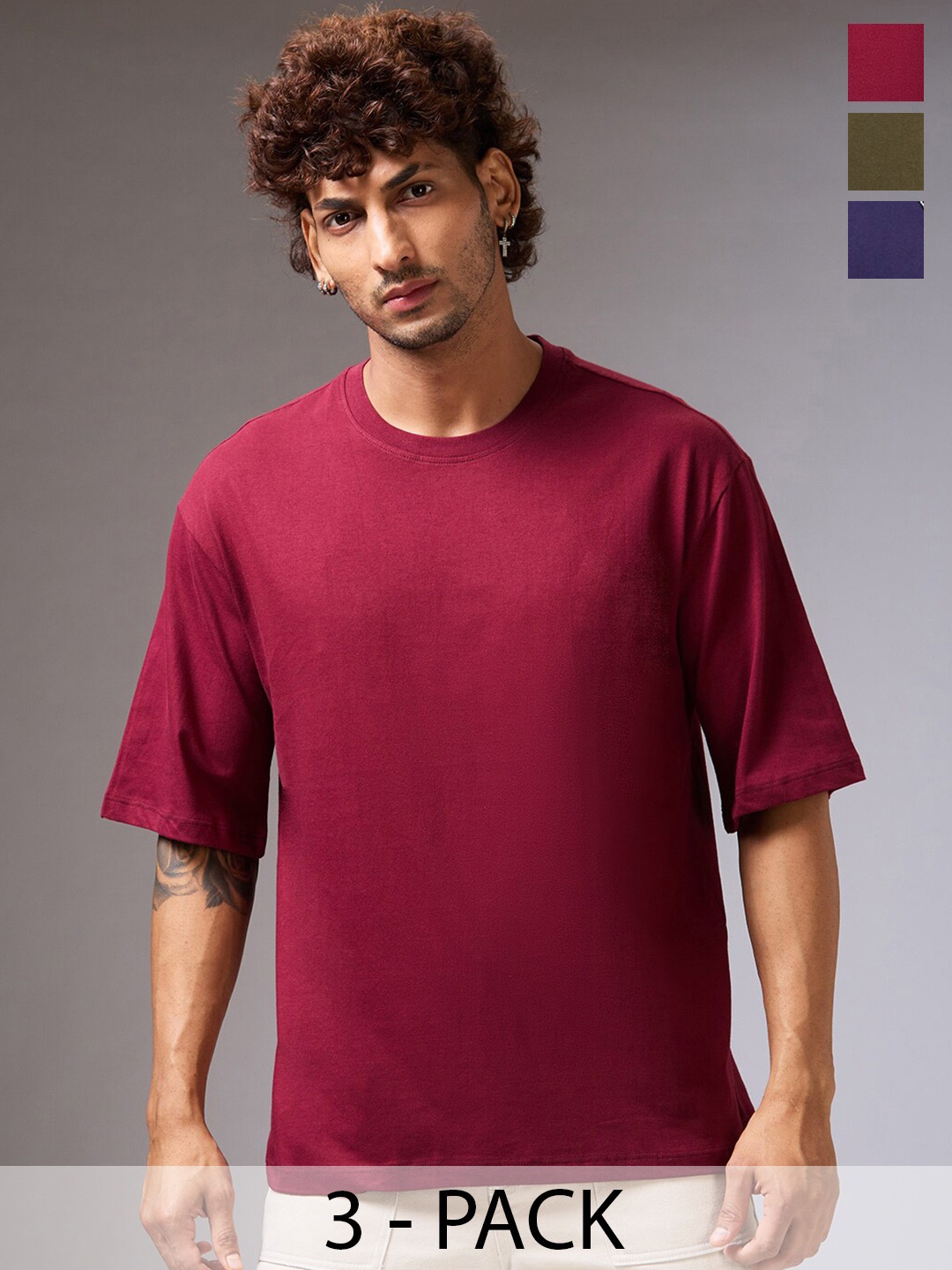 

NOIRA Pack of 3 Round Neck Drop-Shoulder Sleeves Cotton Casual T-shirt, Olive