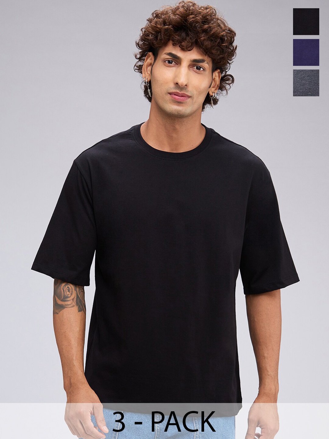 

NOIRA Pack Of 3 Round Neck Short Sleeves Cotton Casual T-Shirt, Black