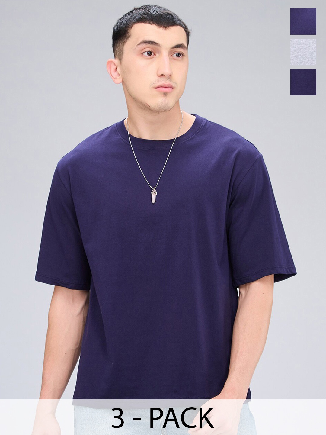 

NOIRA Pack of 3 Round Neck Drop-Shoulder Sleeves Cotton Casual T-shirt, Grey