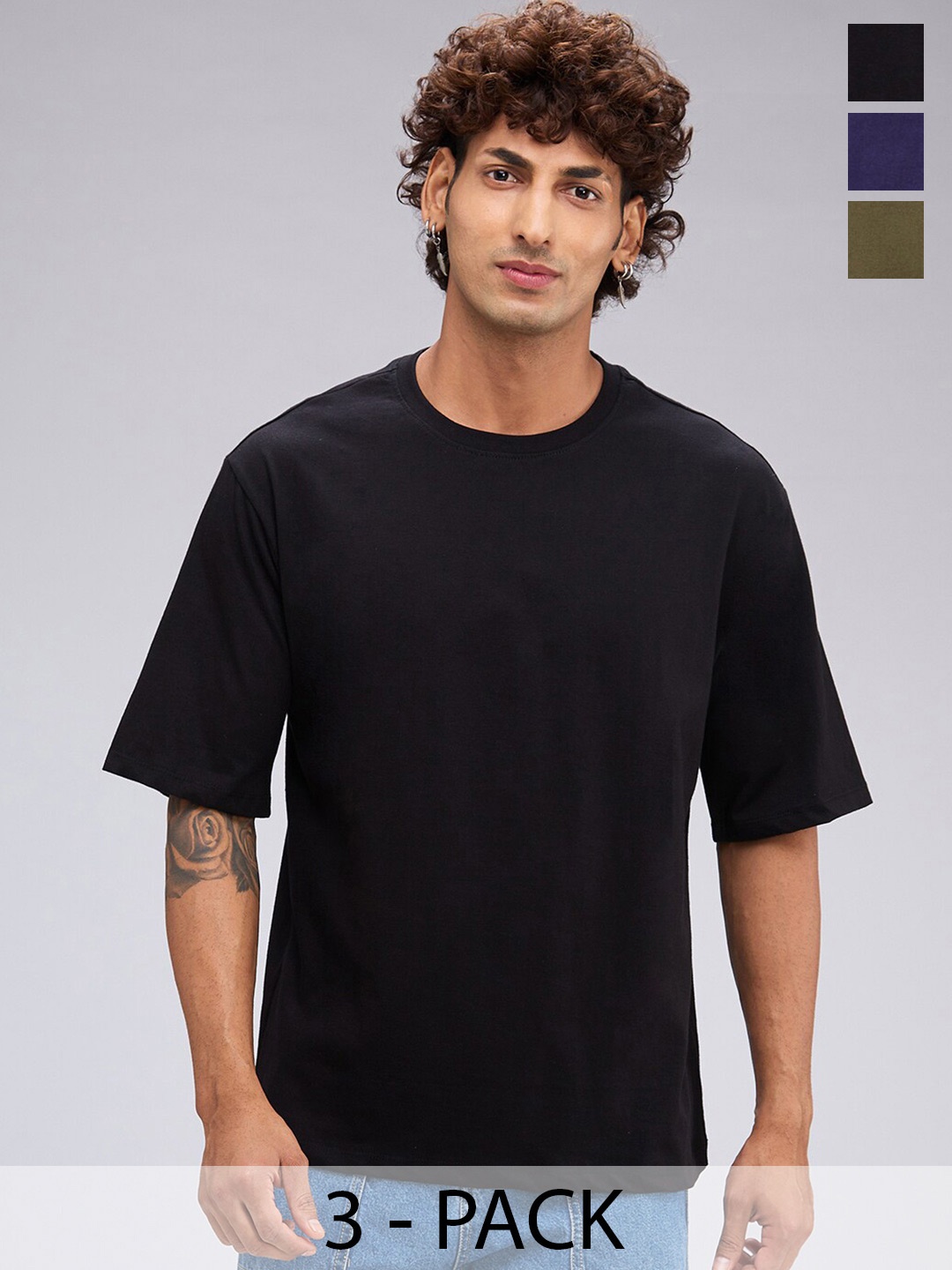 

NOIRA Pack of 3 Round Neck Drop-Shoulder Sleeves Cotton Casual T-shirt, Olive