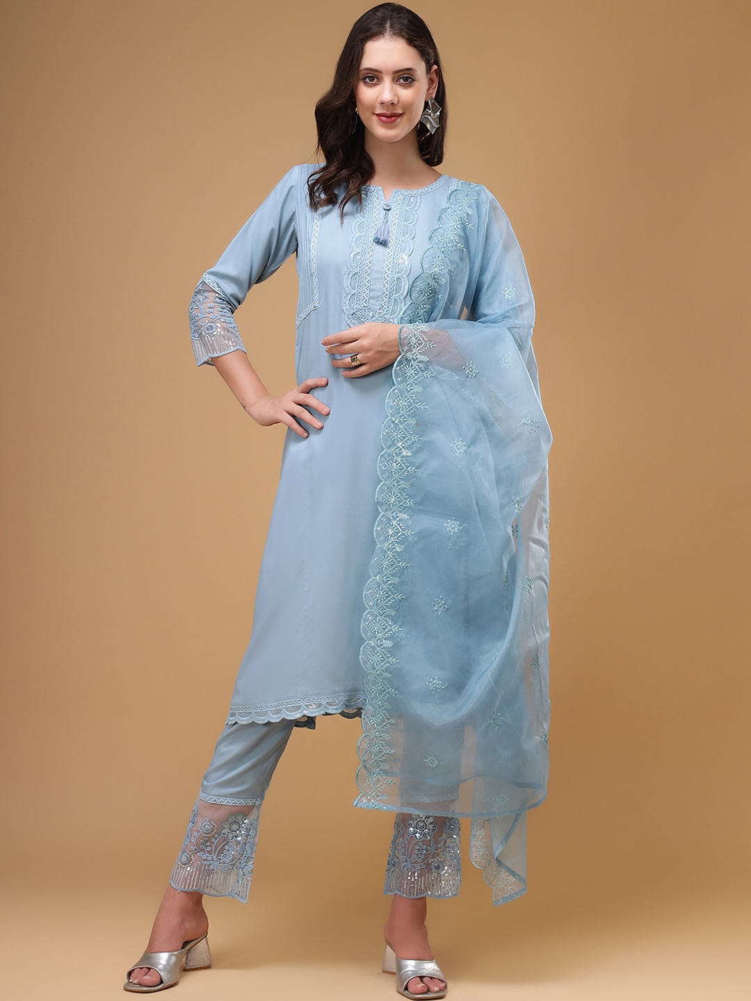 

Bani Women Embroidered Sequined Thread Work Pleated Kurta With Trousers & Dupatta, Blue