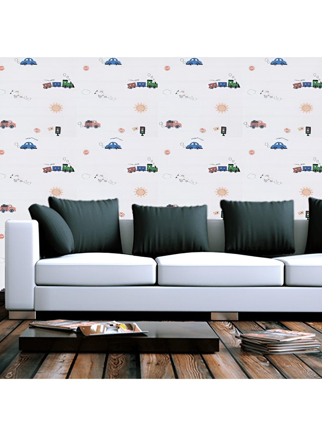 Jaamso Royals White & Blue Printed Self-Adhesive Wallpaper