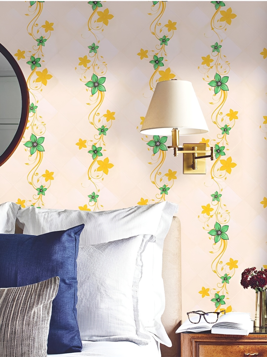 

Jaamso Royals Yellow & Green Flower Printed Self Adhesive Wall Sticker, Beige
