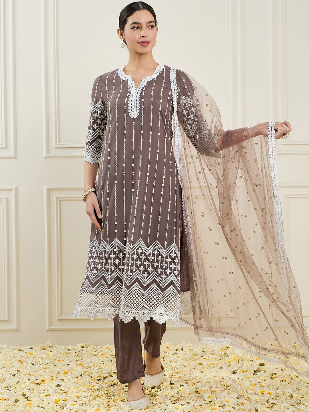 

ADORNIA Embroidered Sequinned Straight Kurta with Trousers & Dupatta, Brown