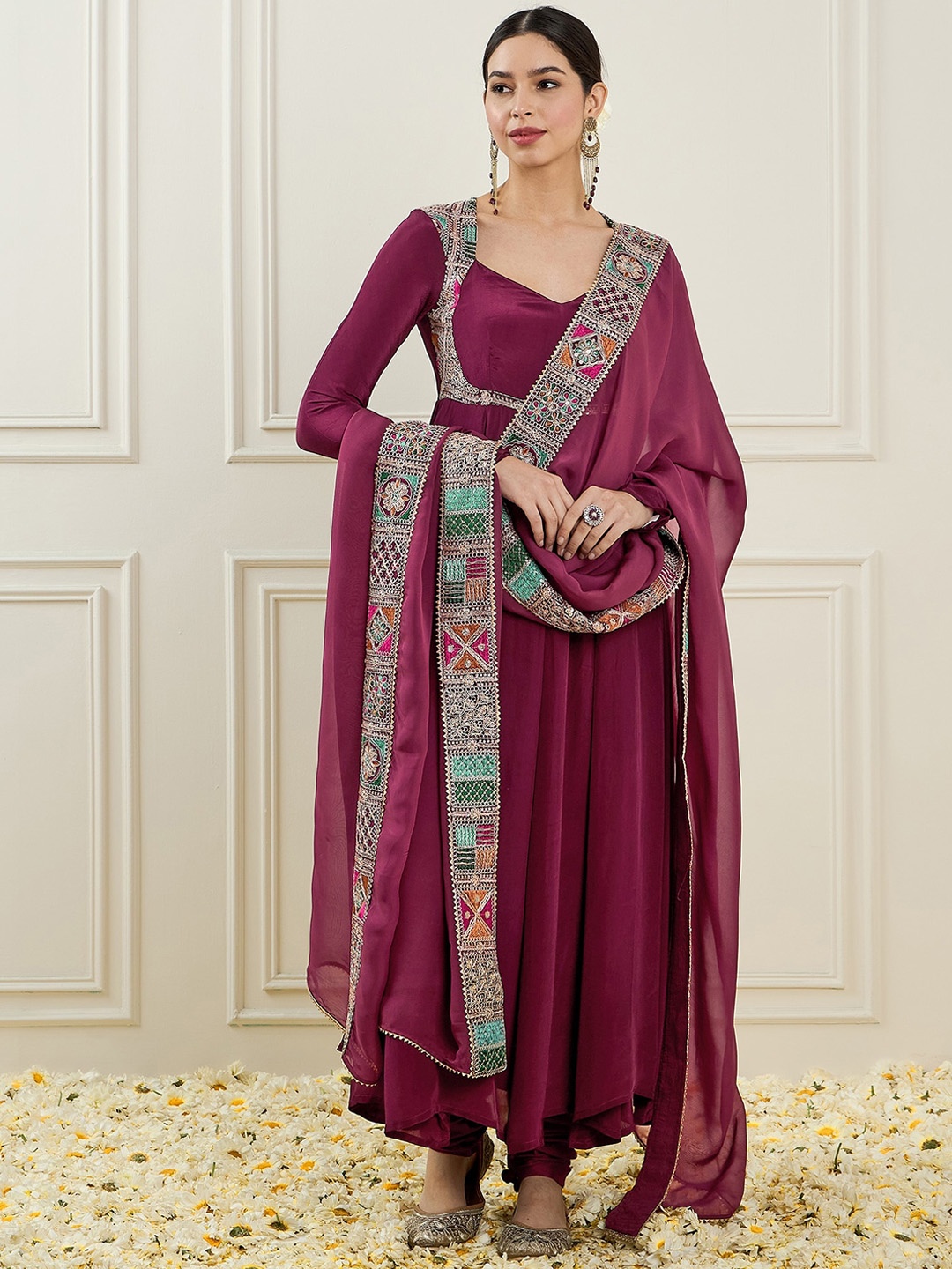 

ADORNIA Woven Design Embroidered Thread Work Anarkali Kurta with Churidar & Dupatta, Burgundy