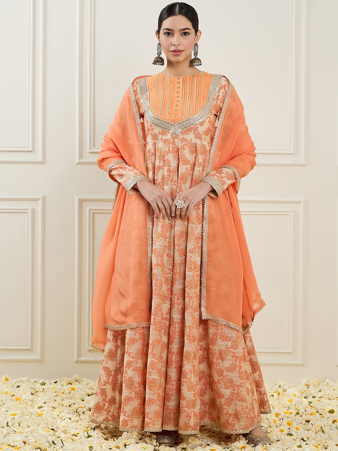 

ADORNIA Floral Gotta Patti Regular Anarkali Chanderi Silk Kurta With Churidar & Dupatta, Orange