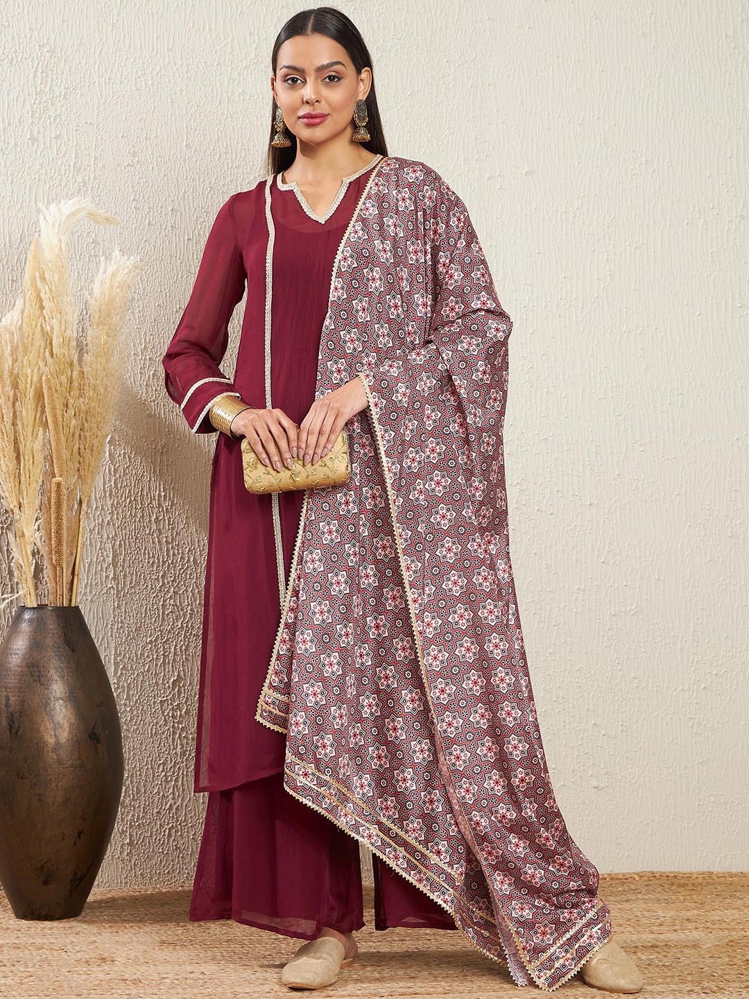 

ADORNIA Notch Neck Regular Sleeves Gotta Patti Kurta With Palazzos & Dupatta, Burgundy