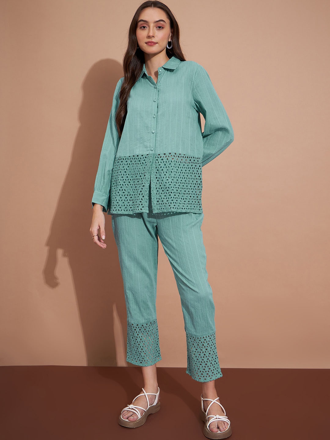 

DressBerry Sea Green Self-Design Pure Cotton Shirt & Trouser Co-Ord Set