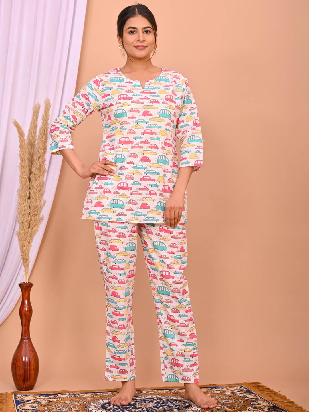 

DHANOTA Conversational Printed Pure Cotton Night suit, White